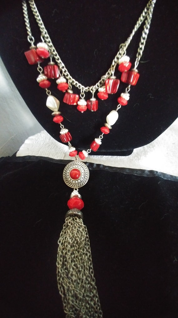 Signed Ruby Rd Silver Tone Red Pendant Necklace - image 2