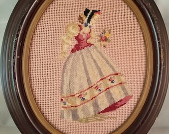 Antique Vintage Petit Needle Point Framed Victorian Lady