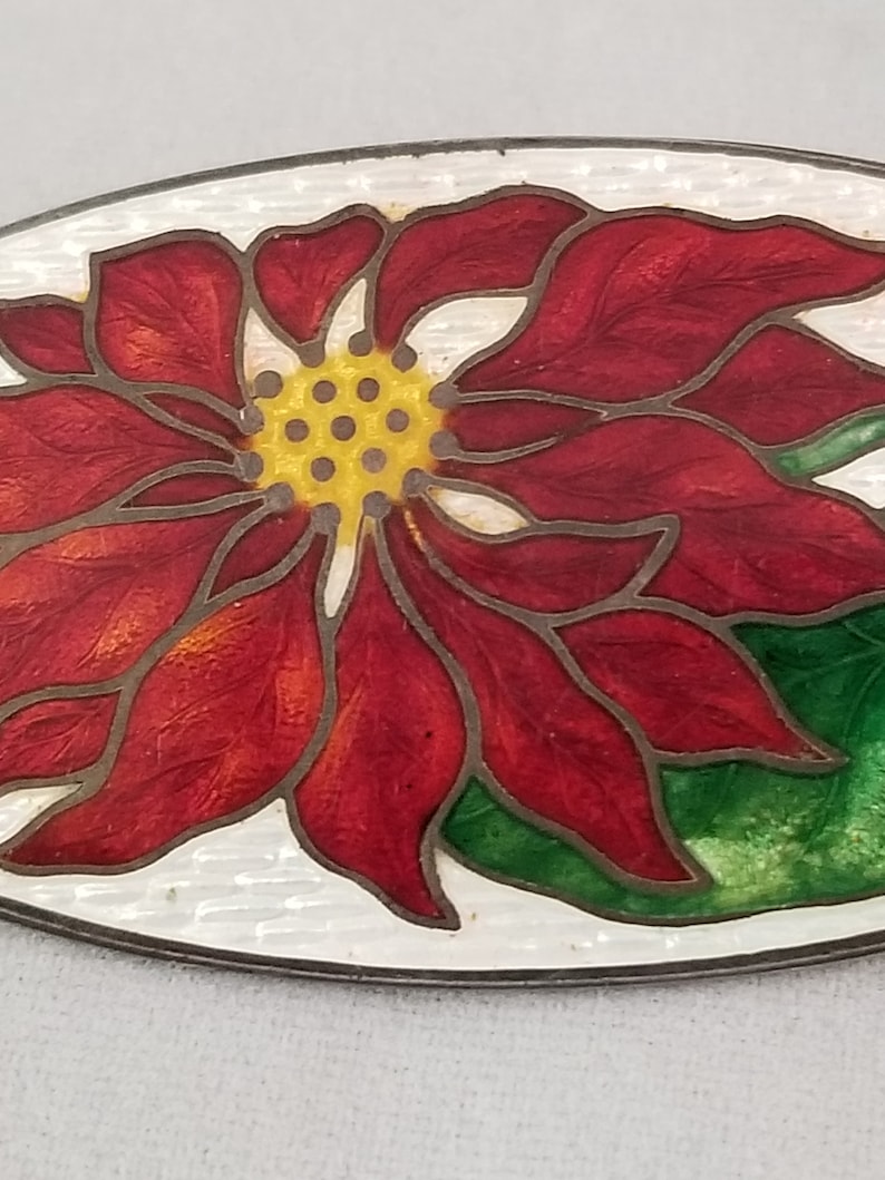 Vintage Cloisonne Red Poinsettia Sterling Brooch
