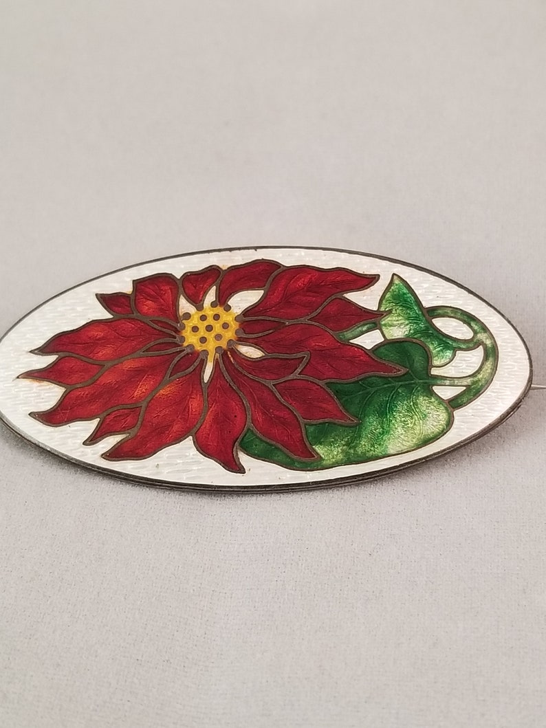 Vintage Cloisonne Red Poinsettia Sterling Brooch