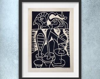 Picasso figures print on banana color paper, Picasso style art , limited edition of 20, contemporary wall art, linocut, home decor wall art,