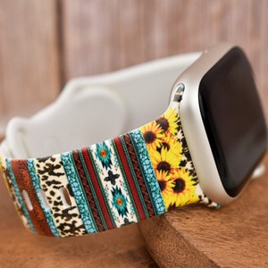 Western Cow Sunflower Turquoise Leopard Print Silicone Watch Band compatible with Apple Watch Fitbit Samsung Garmin