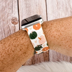 Green Pink Orange Pumpkin Hearts Fall Silicone Watch Band compatible with Apple Watch Fitbit Samsung Garmin