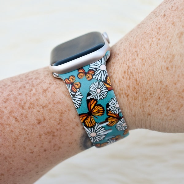 Teal Monarch Butterfly and Daisy Floral Silicone Watch Band compatible with Apple Watch