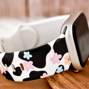 Black and White Floral Cow Print Silicone Watch Band compatible with Apple Watch Fitbit Samsung Garmin
