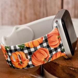 Fall Plaid Black and White Pumpkin Silicone Watch Band compatible with Apple Watch Fitbit Samsung Garmin