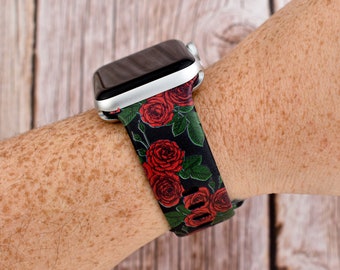Black and Red Rose Silicone Watch Band compatible with Apple Watch Fitbit Samsung Garmin