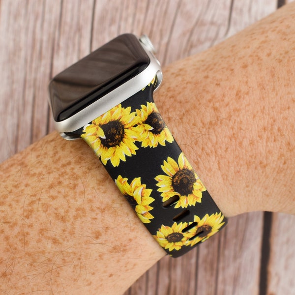 Black Sunflower Print Silicone Watch Band compatible with Apple Watch