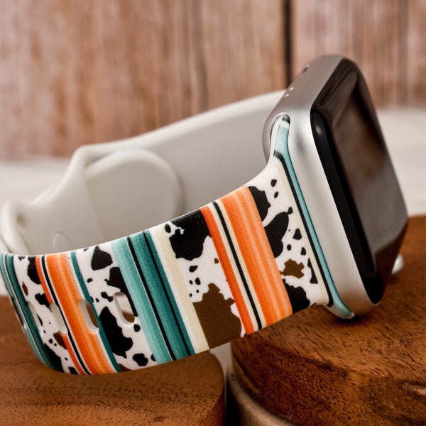 Western Serape Cow Print Silicone Watch Band compatible with Apple Watch Fitbit Samsung Garmin