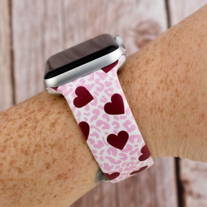 Pink Valentines Leopard Hearts Silicone Watch Band compatible with Apple Watch