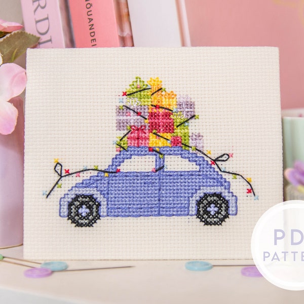 Cross Stitch PDF Pattern "Miniature Christmas Delivery Car" - Digital Instant Download / Car Gifts Holidays Volkswagen Beetle Santa Cute