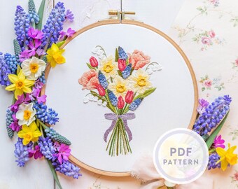 Padrão de bordado de flores da primavera: buquê de flores com tulipas (download instantâneo de PDF digital)