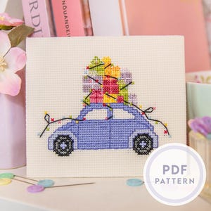 Christmas Car Cross Stitch Pattern: Miniature Volkswagen Beetle (Instant Digital PDF Download)