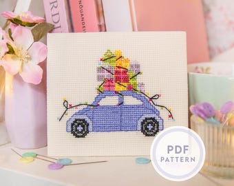 Padrão de ponto cruz para carro de Natal: Fusca miniatura (download instantâneo em PDF digital)