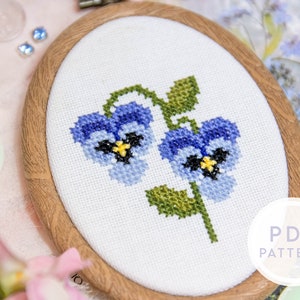 Modello PDF punto croce "Viole del pensiero in miniatura" - Download istantaneo digitale / Fiori Piante Pansie Piccolo fiore di campo vintage floreale