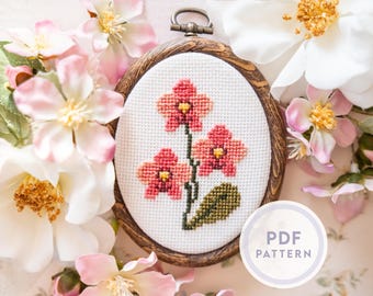Patrón de punto de cruz de orquídea rosa en miniatura: Diseño floral (Descarga instantánea en PDF)
