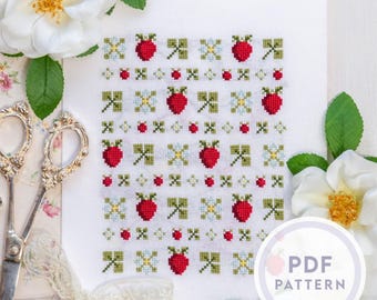 Padrão de ponto cruz Strawberry Fields: frutas vermelhas e flores (download instantâneo em PDF digital)
