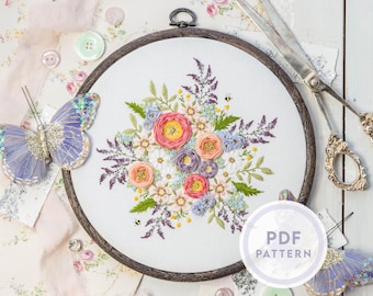 Padrão de bordado floral em PDF: buquê de prado - flores silvestres, rosas, margaridas (download instantâneo de PDF digital)
