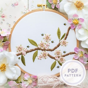 Embroidery PDF Pattern &quot;Apple Blossoms&quot; - Digital Instant Download / Floral Flowers Apple Plants Daisy Cherry Blossom Branch Bee Spring