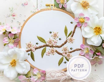 Padrão de bordado de flor de macieira: design floral de primavera (download instantâneo de PDF digital)
