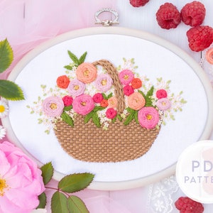 刺繍 PDF パターン「牡丹のバスケット」 - デジタル即時ダウンロード / 花、花、植物、牡丹、バラ、ライラック、野生の花、バスケット