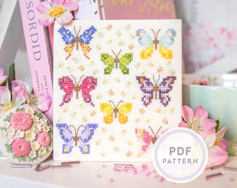 Padrão de ponto cruz de borboletas em miniatura: design floral vintage (download instantâneo de PDF digital)