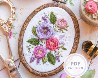 Padrão de bordado em miniatura de peônia e flores silvestres: buquê floral Cottagecore (download instantâneo de PDF digital)