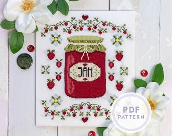 Padrão de ponto cruz com geleia de morango: decoração vintage para cozinha (download instantâneo em PDF digital)