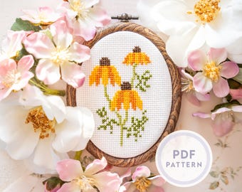 Padrão de ponto cruz em miniatura de equinácea-laranja: design floral de flores silvestres (download instantâneo de PDF digital)