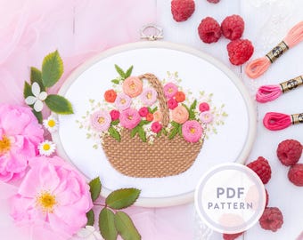 Padrão de bordado de peônias e rosas: design de cesta floral (download instantâneo de PDF digital)