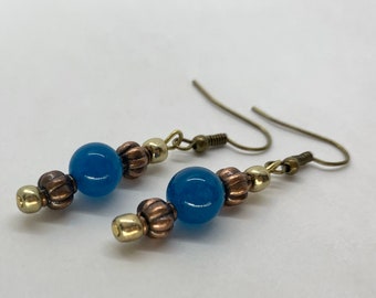 Blue jade handmade earrings, vintage inspired dangle earrings, blue vintage inspired earrings, metal beaded blue earrings, gold bronze blue