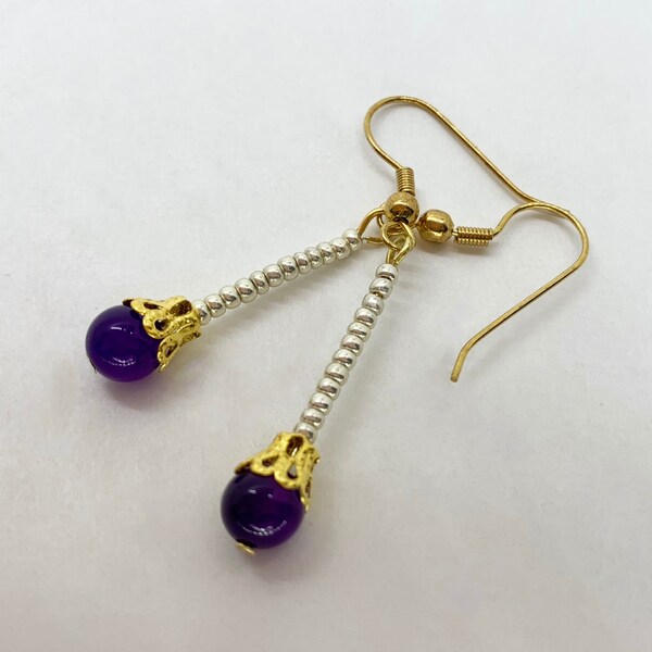 Gold and purple long drop earrings, gold and purple bead earrings, long purple drop earrings, dainty purple earrings, purple magnetite