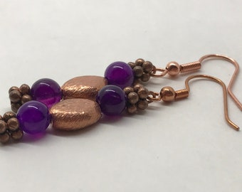 Antique copper & purple earrings, unique copper and purple drop earrings, metal beaded purple earrings, handmade copper and purple earrings