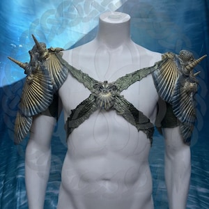 May include: A decorative chest and shoulder armor set. The armor features a seashell design with gold and blue accents. The chest piece has a central seashell design with a cross-strap design. The armor is displayed on a white mannequin.