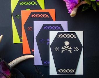 Memento Mori Halloween Notecards: Papel Picado Goth Coffin Cards OR Halloween Party Invitation