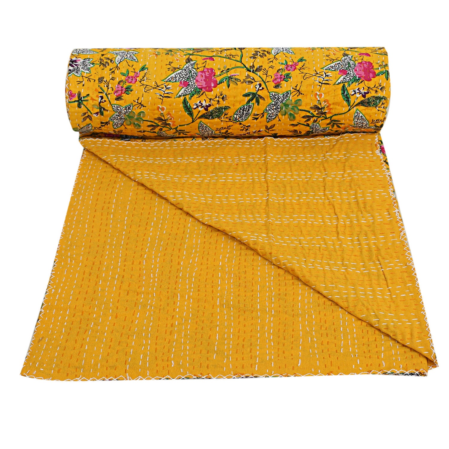 Yellow - Kantha Stitch Fabric Cover Handmade Paper Notebook (7 x 5 in)