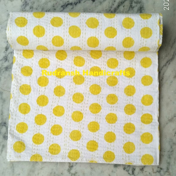 Yellow Polka Dot Handgemachte Handblock Baumwolle Kantha Quilt Patchwork Hippie Wurf Ethno Stoff Wendedecke Bettwäsche Bettüberwurf Bettbezug