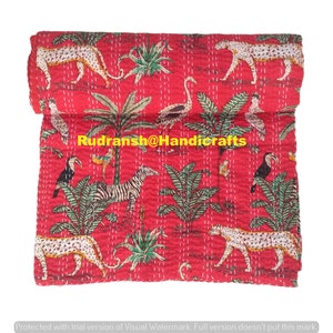 Indian Cotton Kantha Quilt Ethnic Fabric Animals Printed Handmade Patchwork Bedding Bedspread Reversible Bohemian Bedroom Cover Hippie Throw