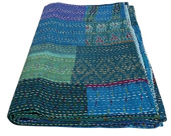 Patchwork Turquoise Silk Patola Kantha Quilt Bedding Bedspread Silk Quilt Hand Stitched Handmade Reversible Throw Bohemian Blanket Bed Cover
