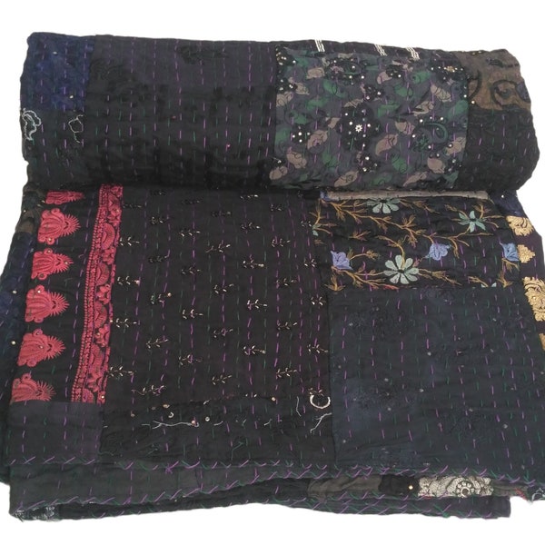 Assorted Patchwork Hand Stitched Black Khambadia Cotton Kantha Quilt Handmade Reversible Blanket Bedding Bedspread Hippie Throw Bed Coverlet