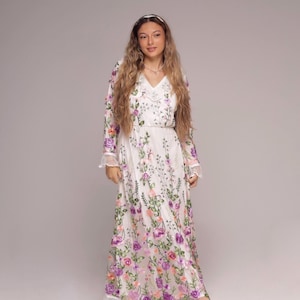 White Purple Lilac Embroidered Floral Long Sleeve Maxi Modest Evening Party Bridesmaid Wedding Occasion Dress