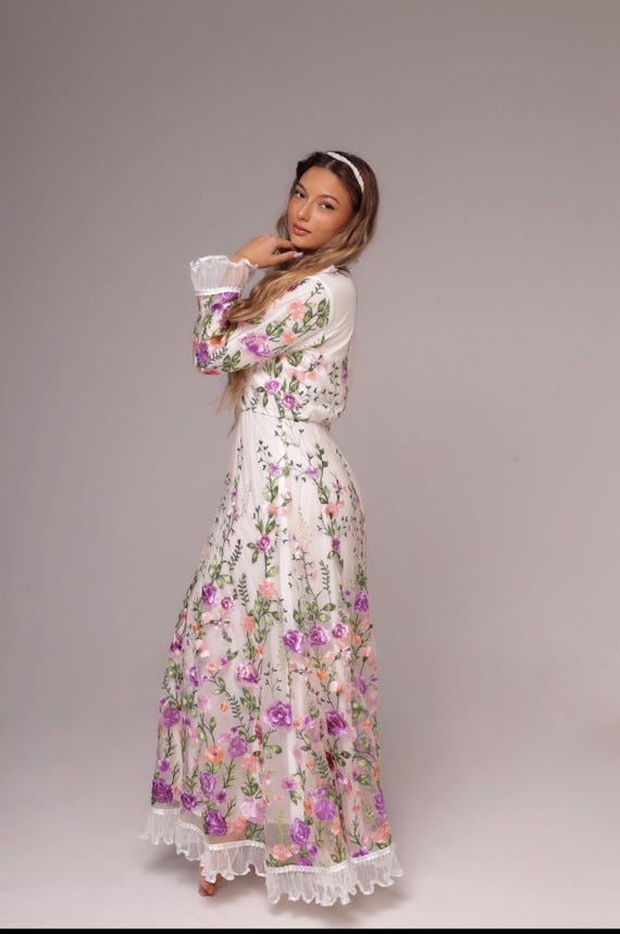 Embroidered Floral Tulle Maxi Dress: Long Sleeve Occasion Gown