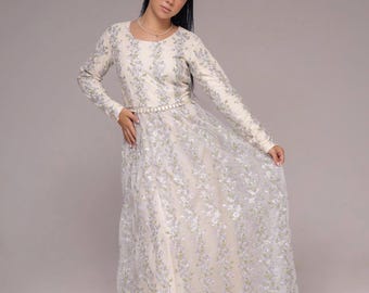 Embroidered V Neck Floral Long Sleeve Maxi Modest Evening Party Bridesmaid Wedding Occasion Dress