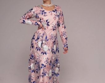 Soft Pink Embroidered Floral Long Sleeve Maxi Modest Evening Party Bridesmaid Wedding Occasion Dress