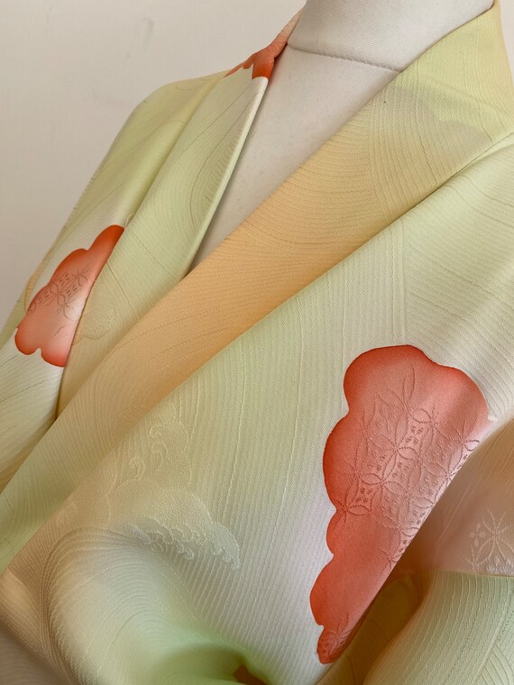 1960's apple green × orange cloud pattern Kimono … - image 7