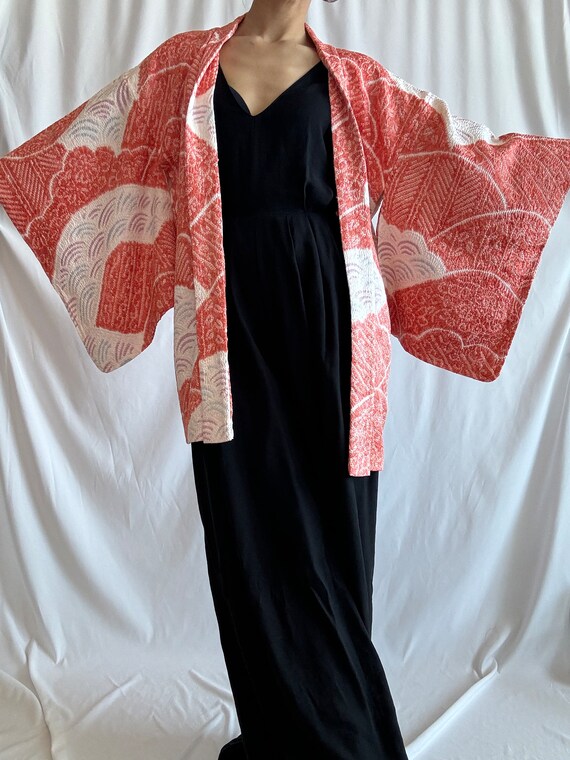 cloud and wave motif Kimono jacket/salmon pink Sh… - image 9