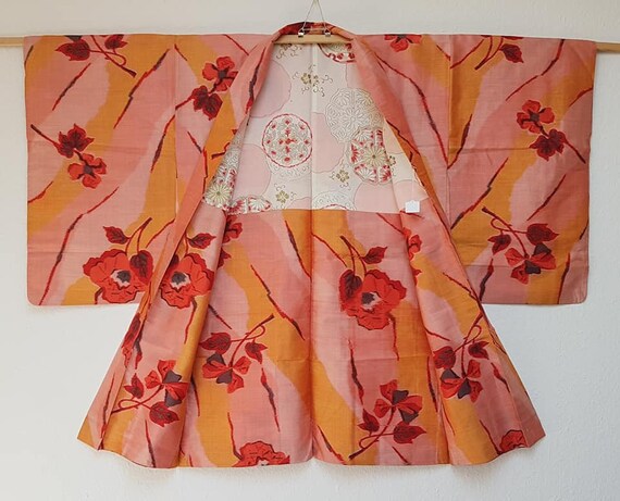 Kimono jacket/pink,orange flower pattern Meisen s… - image 2