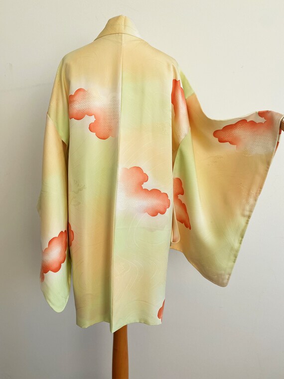 1960's apple green × orange cloud pattern Kimono … - image 3