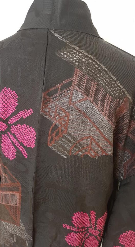 kimono jacket/Black, fuchsia pink 1950's Urushi l… - image 9