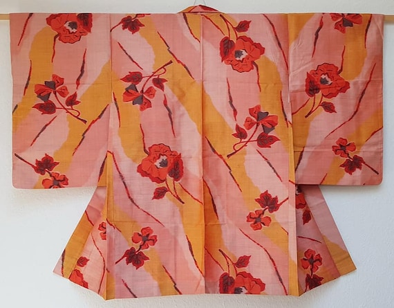 Kimono jacket/pink,orange flower pattern Meisen s… - image 1